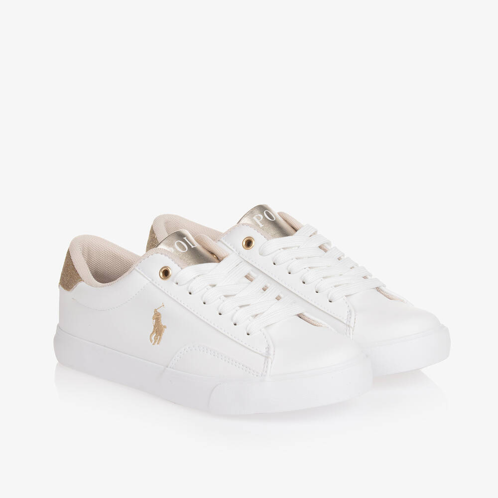 Ralph Lauren - حذاء رياضي بأربطة جلد صناعي لون أبيض للبنات | Childrensalon