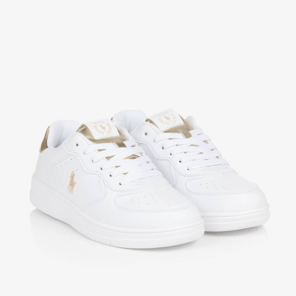 Ralph Lauren - Girls White Faux Leather Trainers | Childrensalon