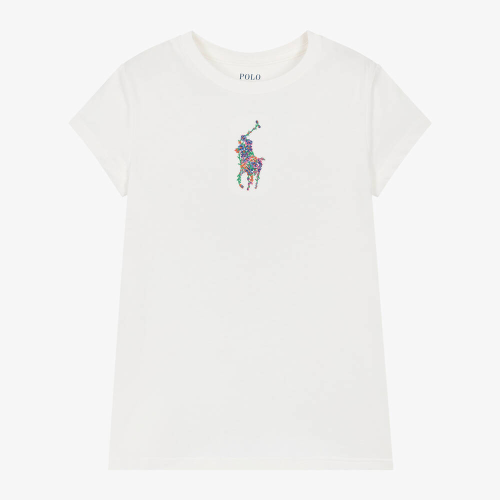 Ralph Lauren - Girls White Floral Big Pony Cotton T-Shirt | Childrensalon