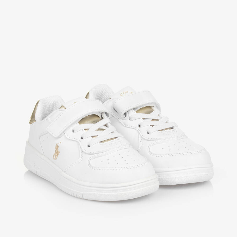 Ralph Lauren - Girls White & Gold Faux Leather Trainers | Childrensalon