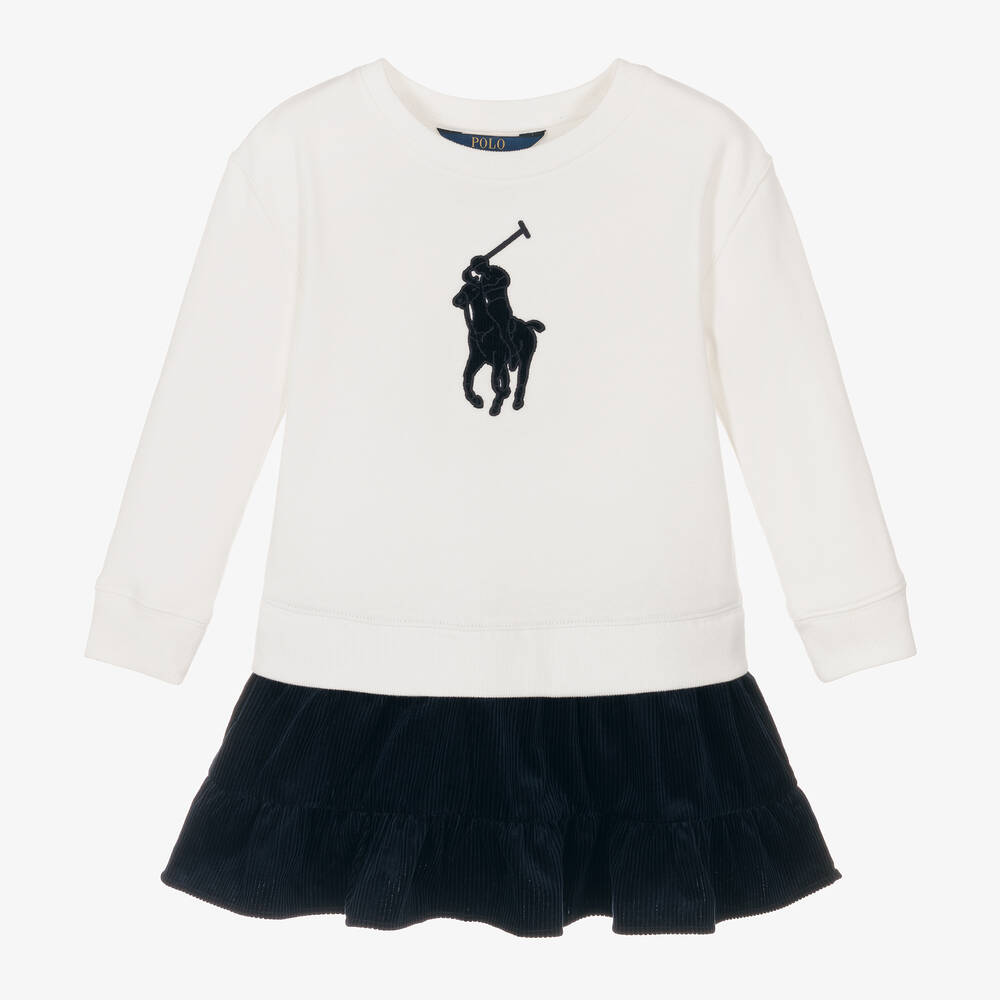 Ralph Lauren - Girls White Jersey & Blue Corduroy Dress | Childrensalon