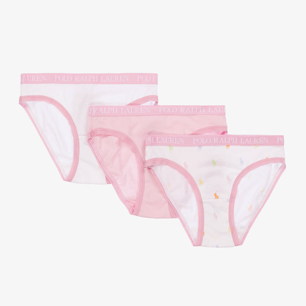 Ralph Lauren - Girls White & Pink Cotton Knickers (3 Pack) | Childrensalon