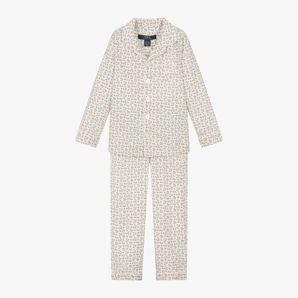 Ralph Lauren - Girls White & Pink Floral Cotton Pyjamas | Childrensalon