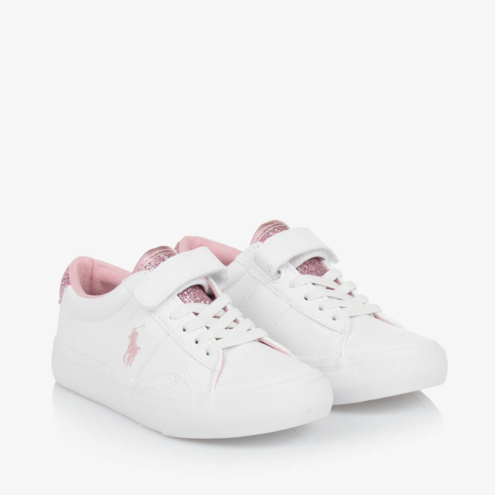 Ralph Lauren - Girls White & Pink Glitter Trainers | Childrensalon