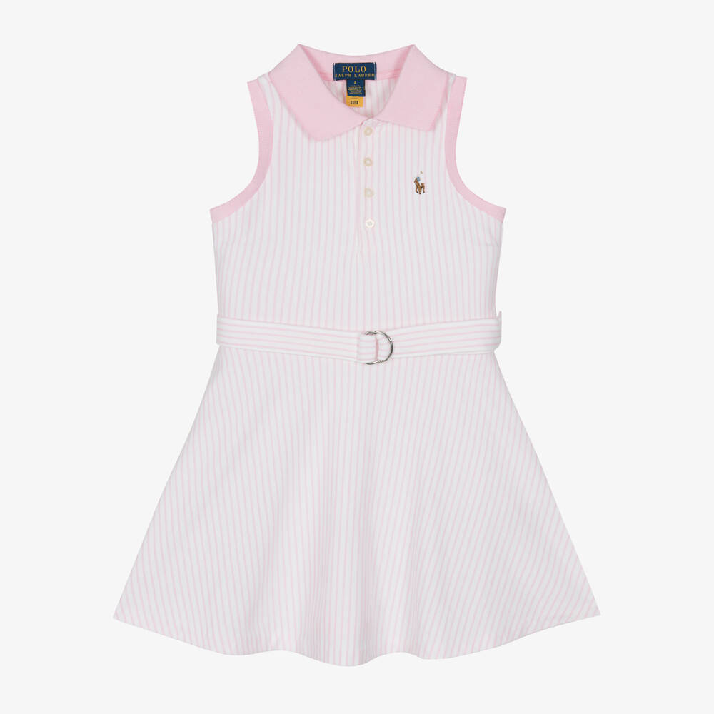 Ralph Lauren - فستان قطن بيكيه مقلم لون زهري وأبيض | Childrensalon