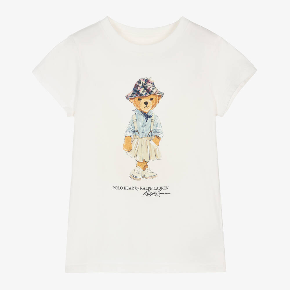 Ralph Lauren - Girls White Polo Bear Cotton T-Shirt | Childrensalon