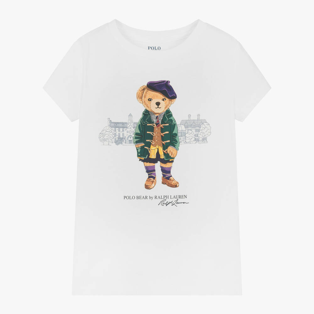 Ralph Lauren - Girls White Polo Bear Cotton T-Shirt | Childrensalon