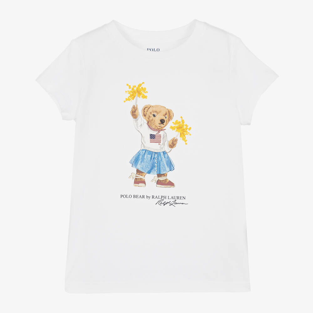 Ralph Lauren - Girls White Sparkler Bear Cotton T-Shirt | Childrensalon