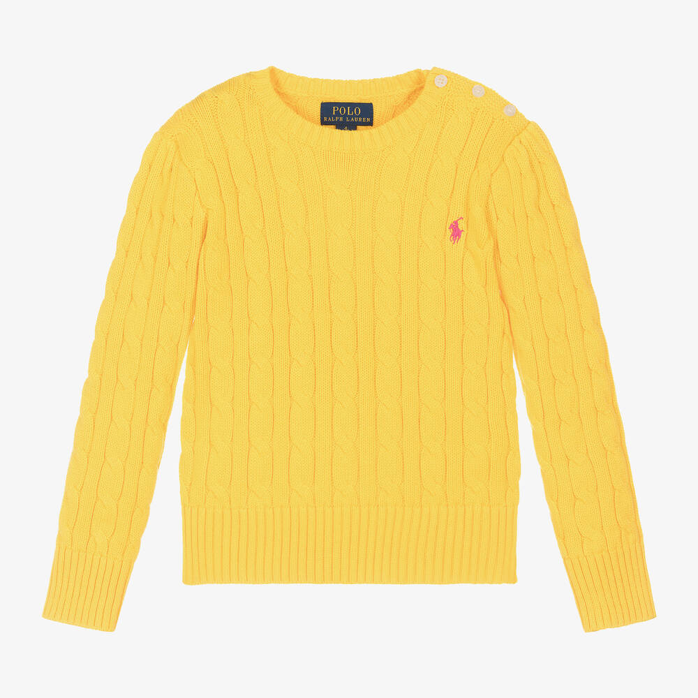 Ralph Lauren - Girls Yellow Cotton Cable Knit Sweater | Childrensalon
