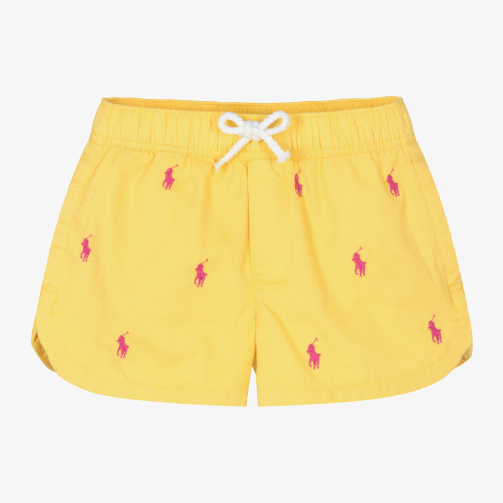 Ralph Lauren - Girls Yellow Cotton Pony Logo Shorts | Childrensalon