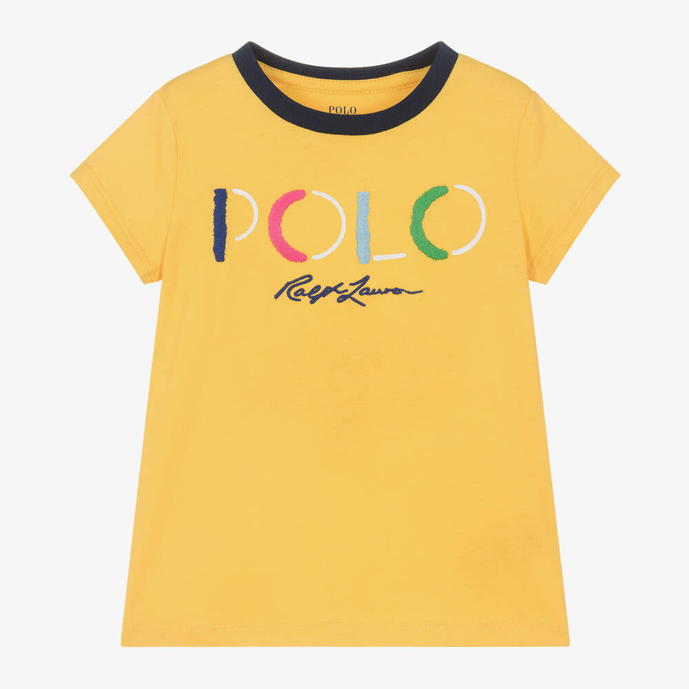 Ralph Lauren - Girls Yellow Cotton T-Shirt | Childrensalon
