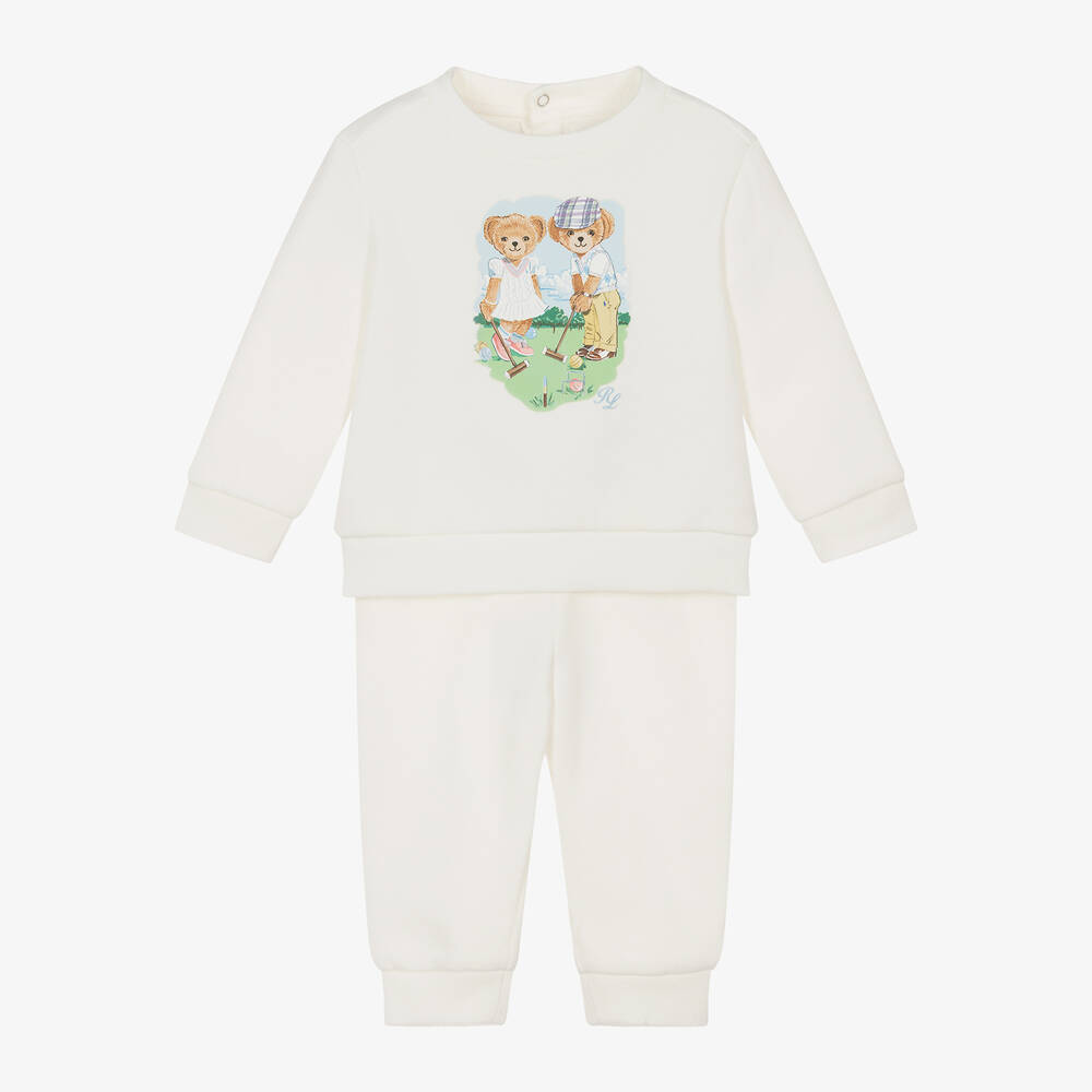 Ralph Lauren - Ivory Polo Bear Cotton Baby Tracksuit | Childrensalon