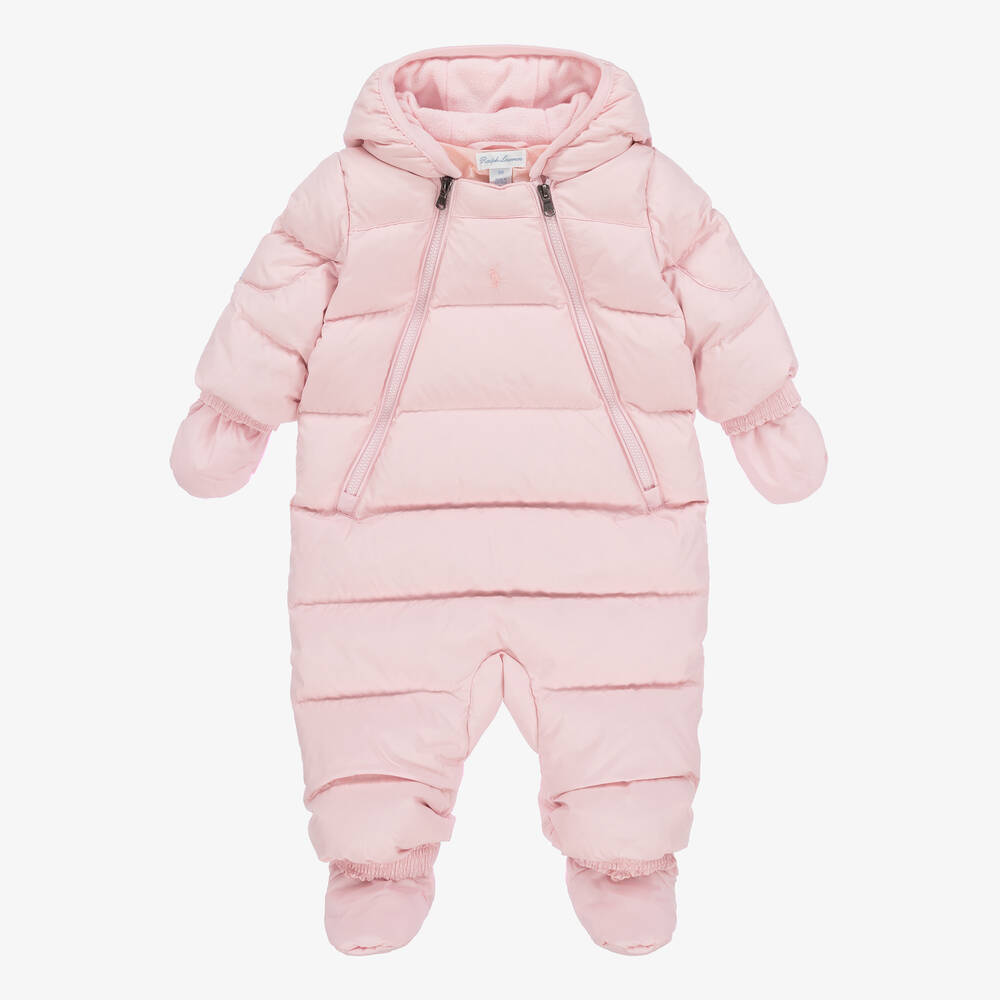 Ralph Lauren - Pink Padded & Hooded Baby Snowsuit | Childrensalon