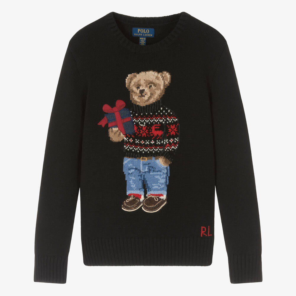 Ralph Lauren Kids' Boy's Festive Polo Bear Chunky Knit Sweater In Black