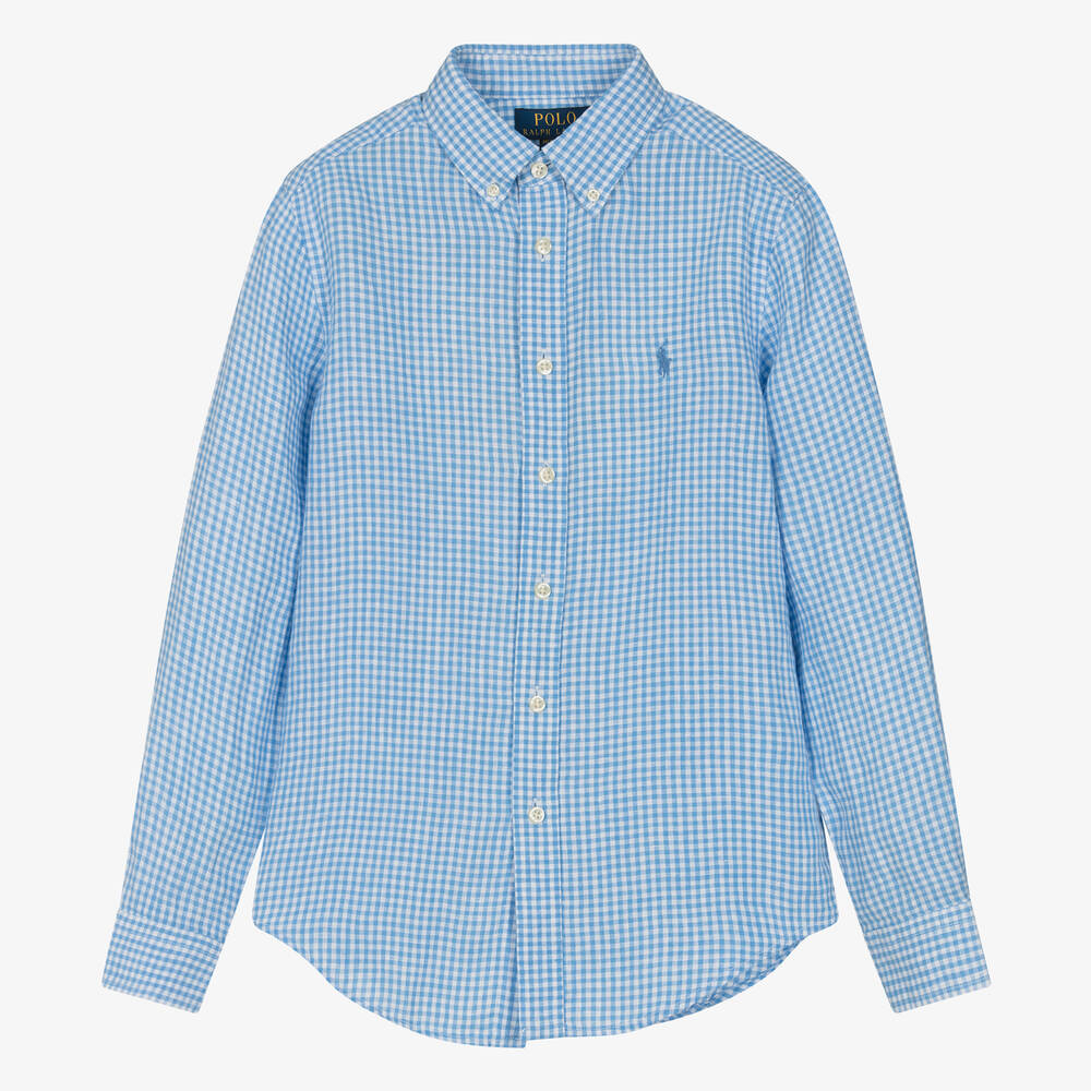 Ralph Lauren - Teen Boys Blue Check Linen Shirt | Childrensalon