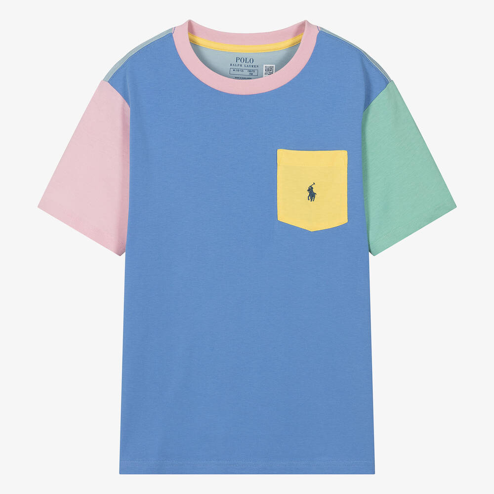Ralph Lauren - Teen Boys Blue Colourblock Cotton T-Shirt | Childrensalon