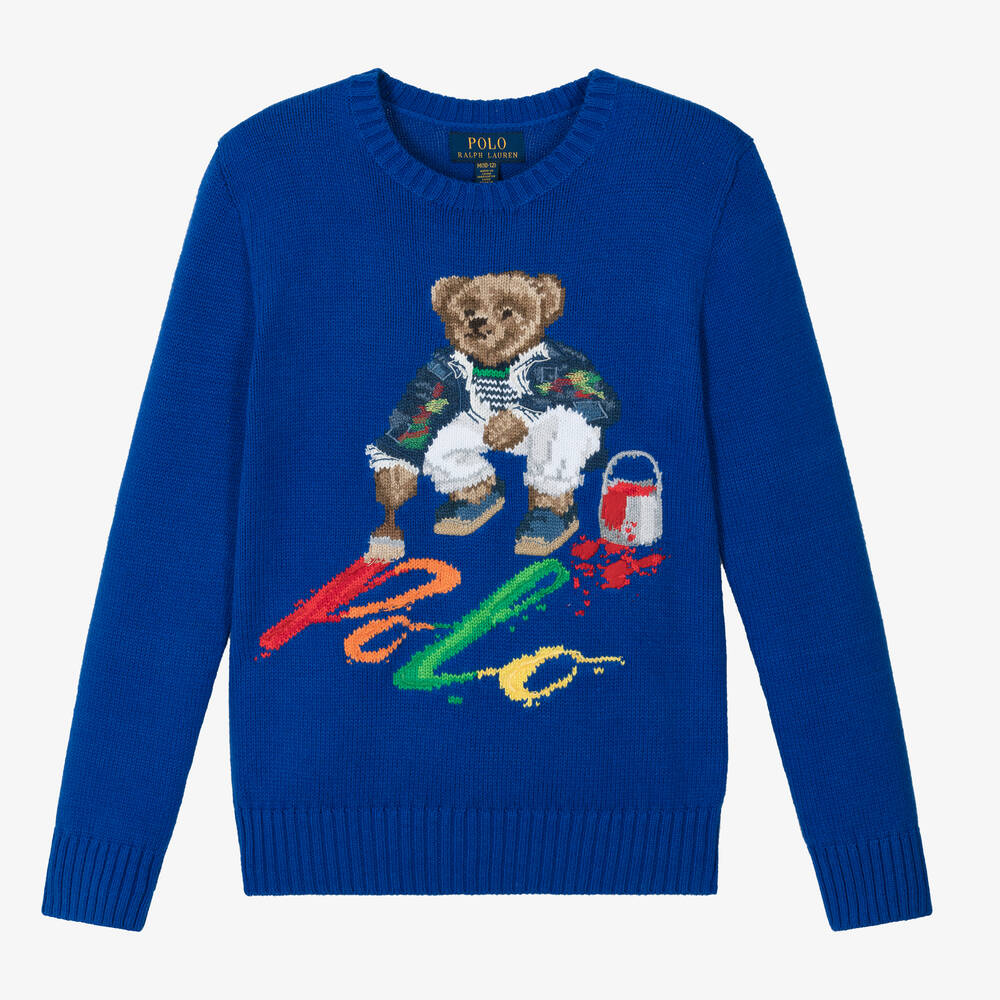 Ralph Lauren - Pull bleu en coton Polo Bear ado | Childrensalon