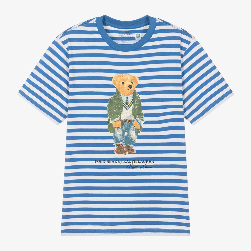 Ralph Lauren - Teen Boys Blue Cotton Stripe Bear T-Shirt | Childrensalon