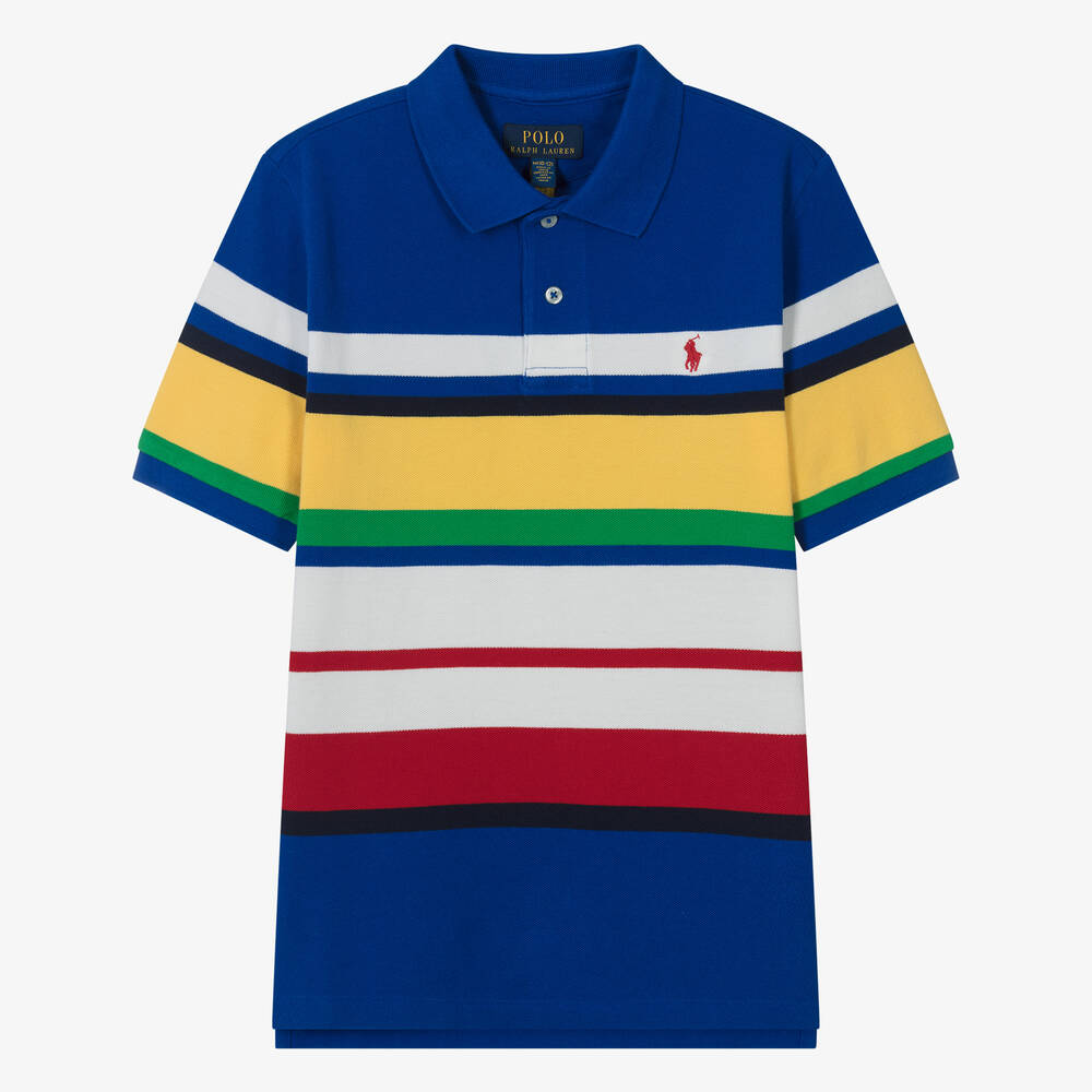 Ralph Lauren - Teen Boys Blue Cotton Stripe Polo Shirt | Childrensalon