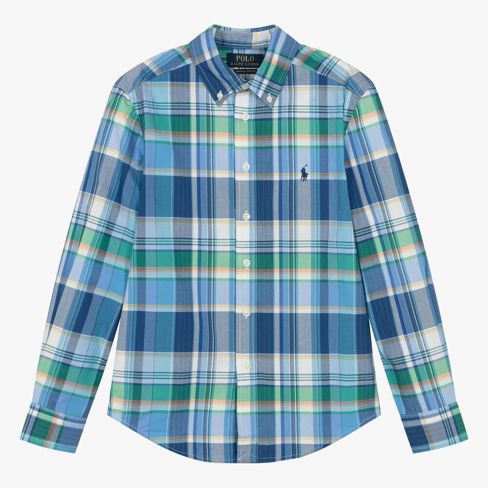 Ralph Lauren - Teen Boys Blue & Green Check Cotton Shirt | Childrensalon