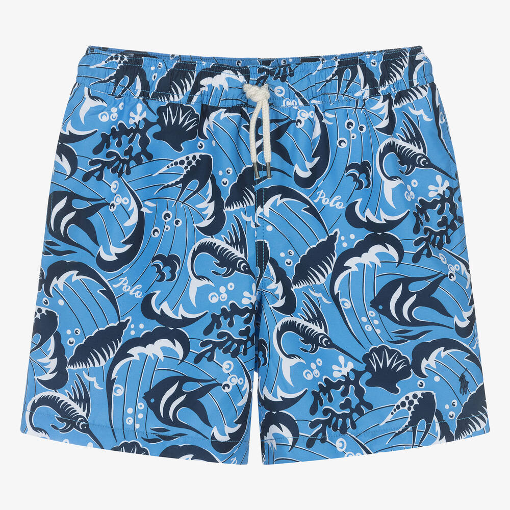 Ralph Lauren - Teen Boys Blue Sea Print Swim Shorts | Childrensalon