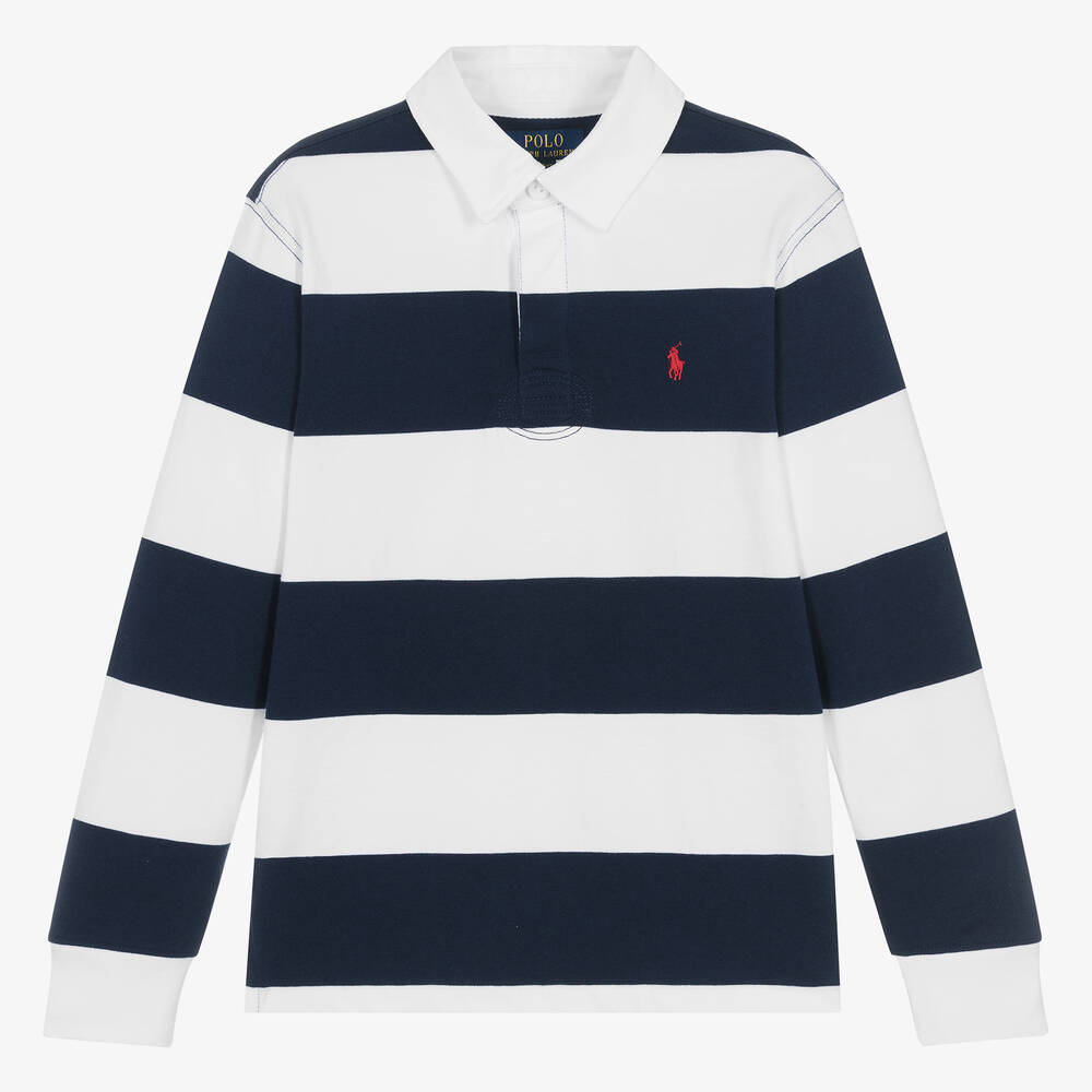 Ralph Lauren - Teen Boys Blue Stripe Cotton Rugby Shirt | Childrensalon