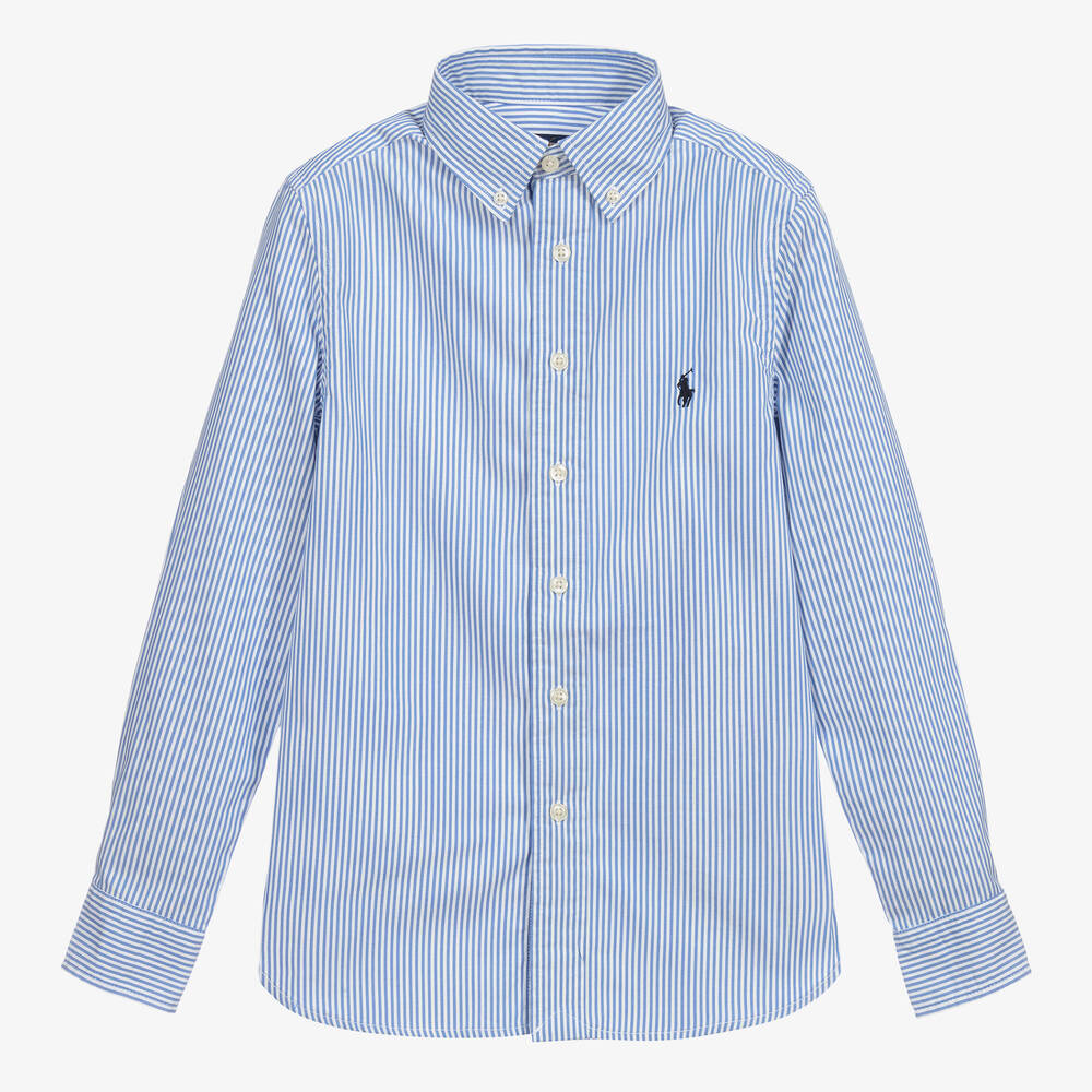Polo Ralph Lauren - قميص تينز ولادي قطن مقلم لون أزرق وأبيض | Childrensalon