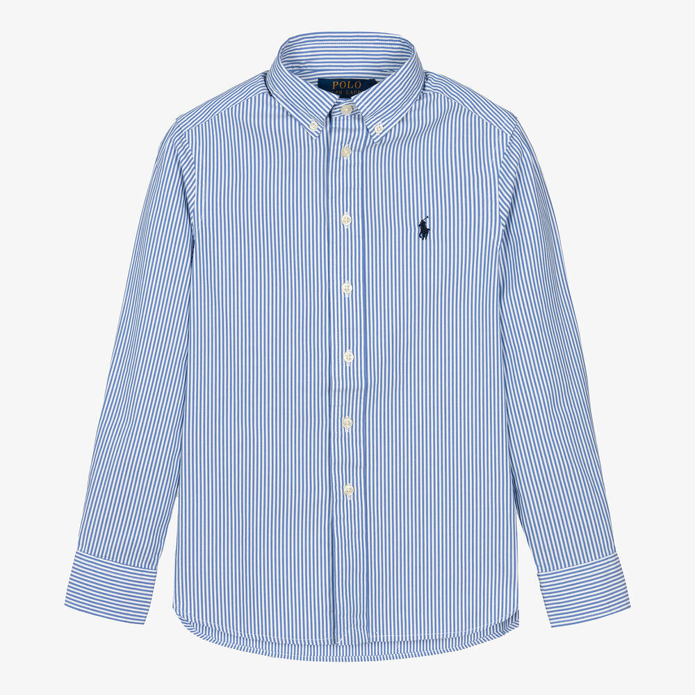 Ralph Lauren - قميص قطن بوبلين مقلم لون أزرق وأبيض للمراهقين | Childrensalon