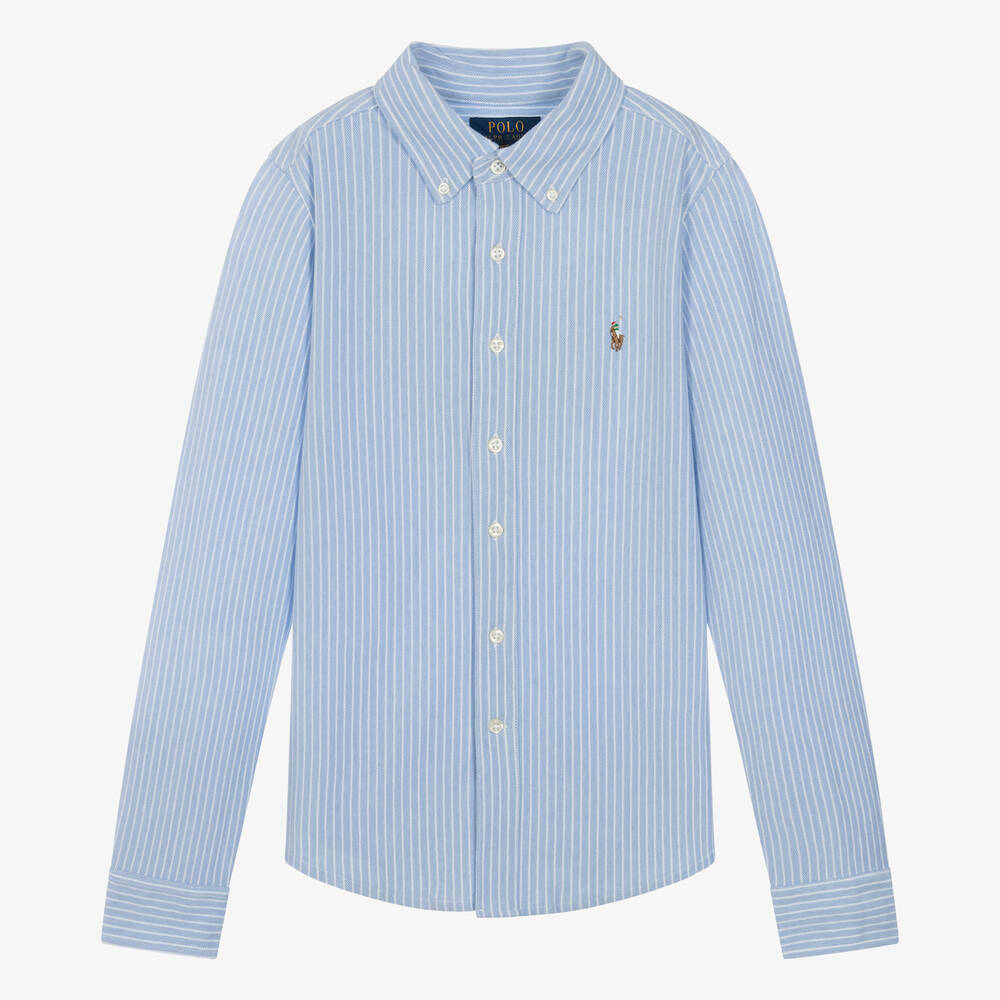 Ralph Lauren - قميص قطن بيكيه مقلم لون أزرق وأبيض للمراهقين | Childrensalon