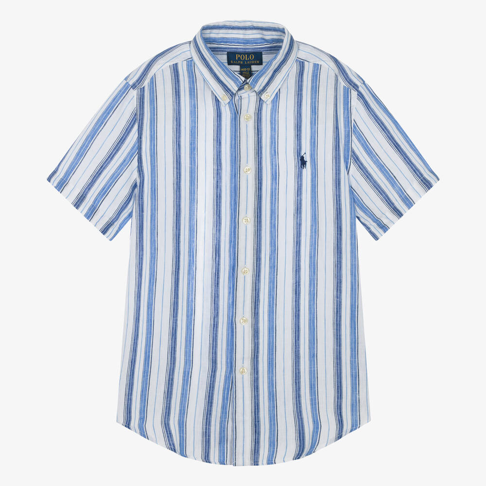 Ralph Lauren - قميص مزيج كتان مقلم لون أزرق وأبيض للمراهقين | Childrensalon