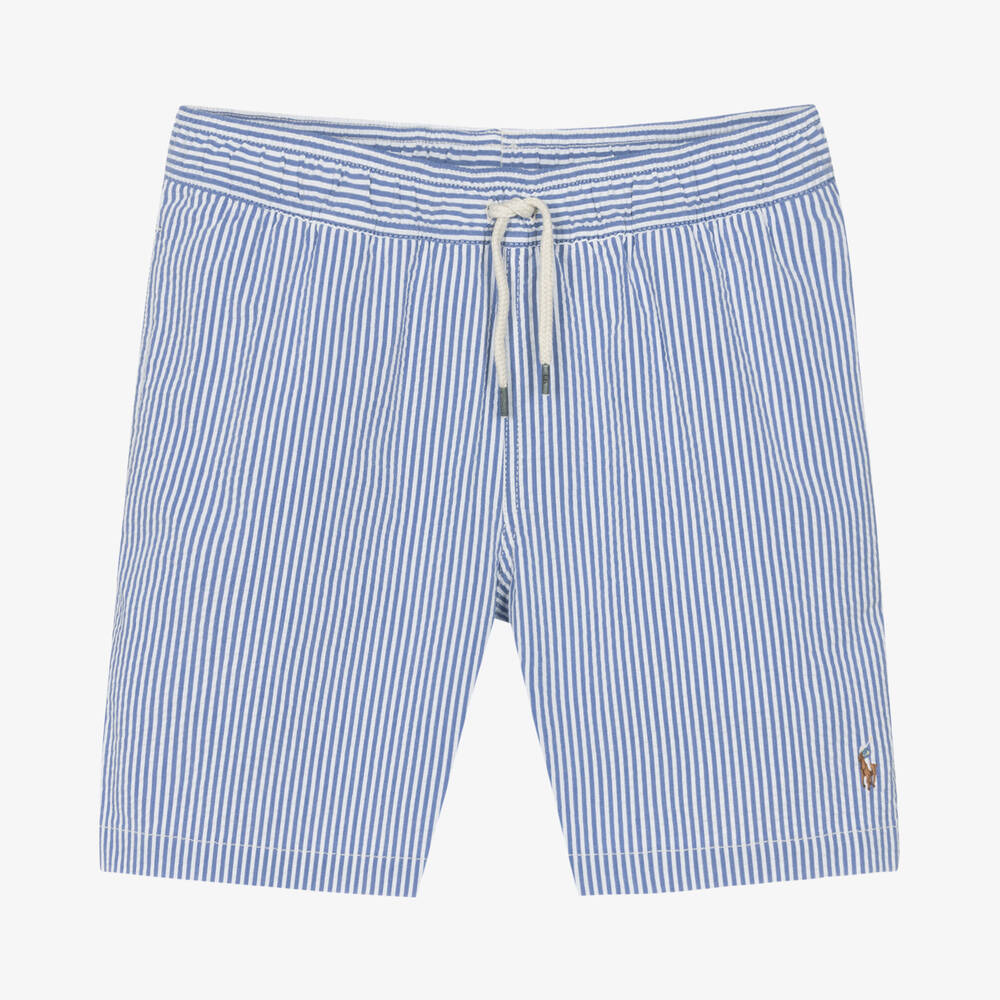 Ralph Lauren - Teen Boys Blue Striped Seersucker Swim Shorts | Childrensalon