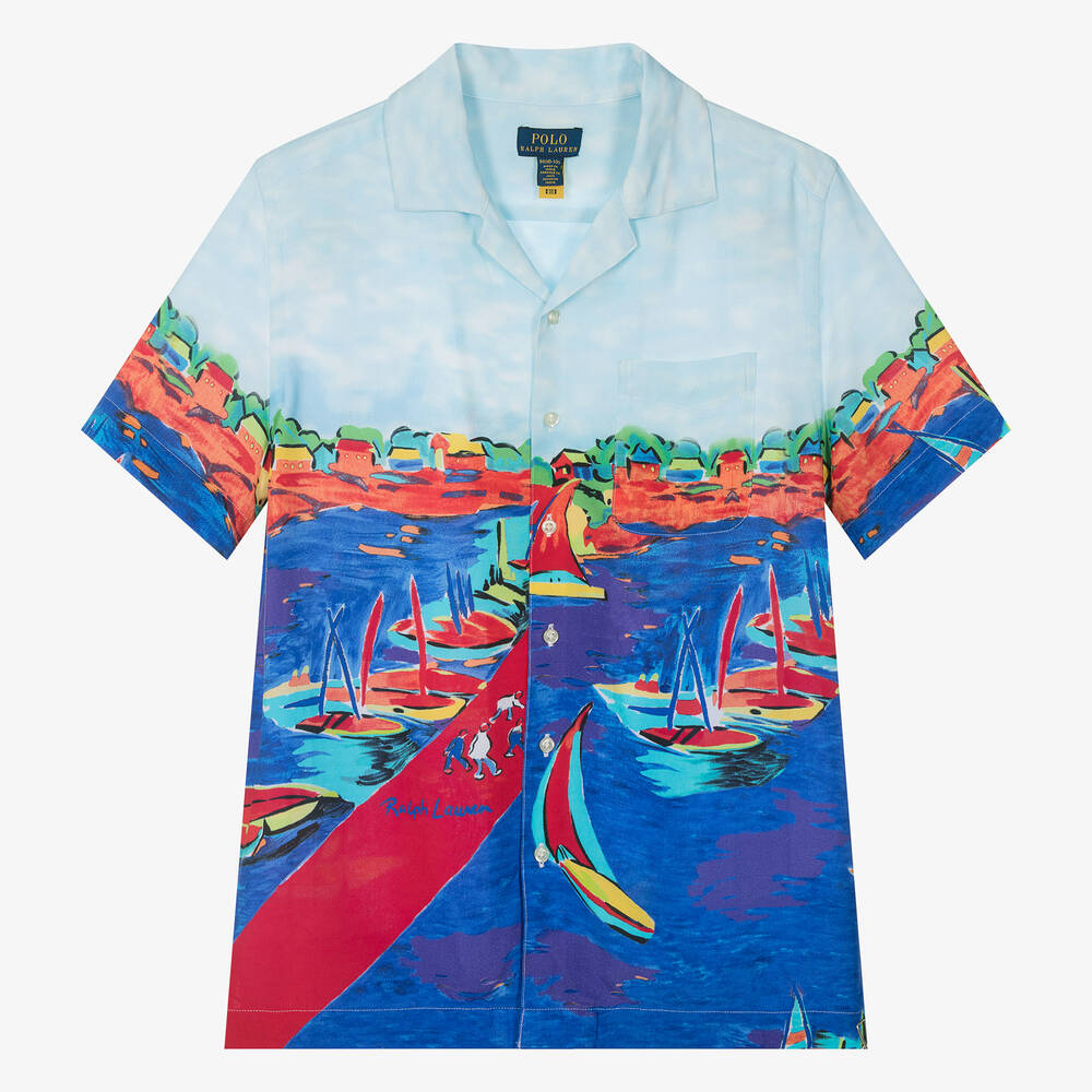 Ralph Lauren - Голубая рубашка из вискозы с яхтами для мальчиков-подростков | Childrensalon