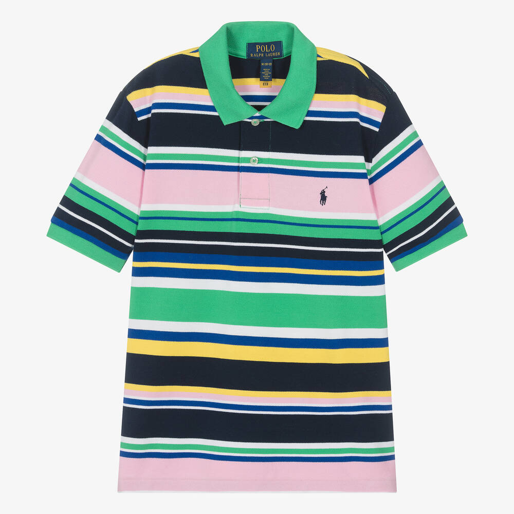 Ralph Lauren - Teen Boys Green Striped Cotton Polo Shirt | Childrensalon