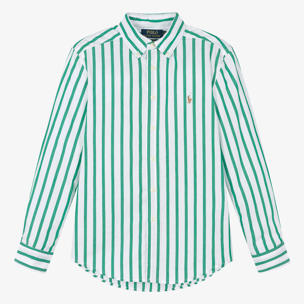 Ralph Lauren - قميص قطن بوبلين مقلم لون أخضر وأبيض للمراهقين | Childrensalon
