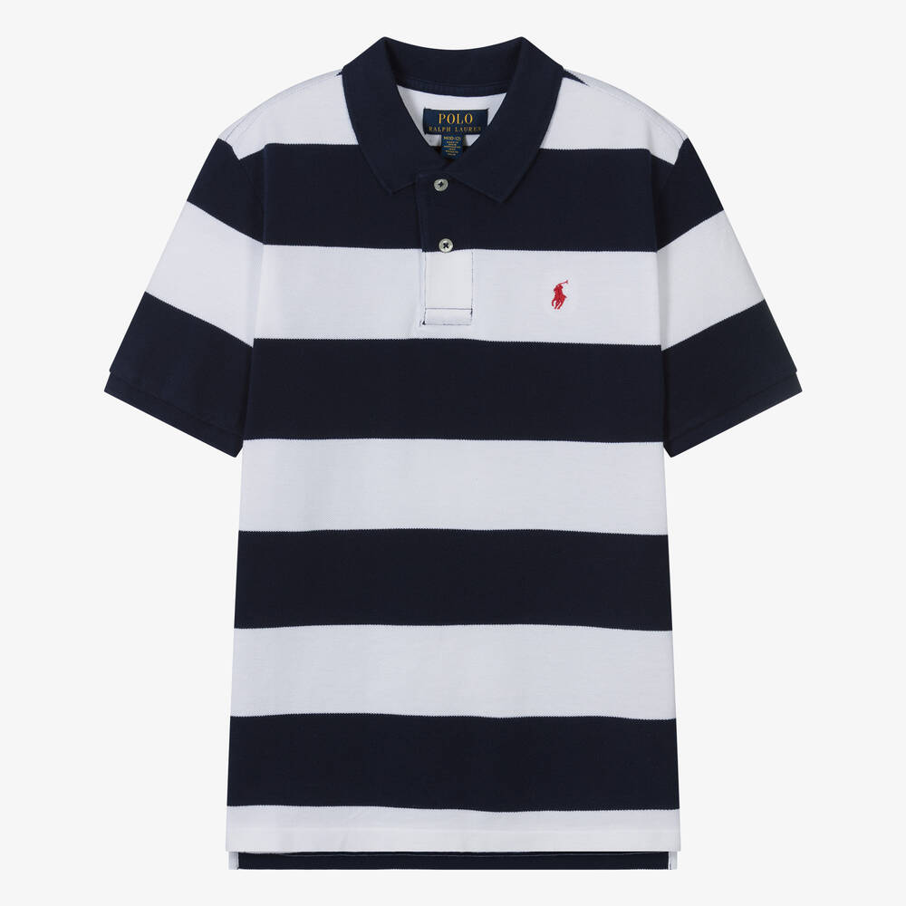 Ralph Lauren - Teen Boys Navy Blue Stripe Polo Shirt | Childrensalon