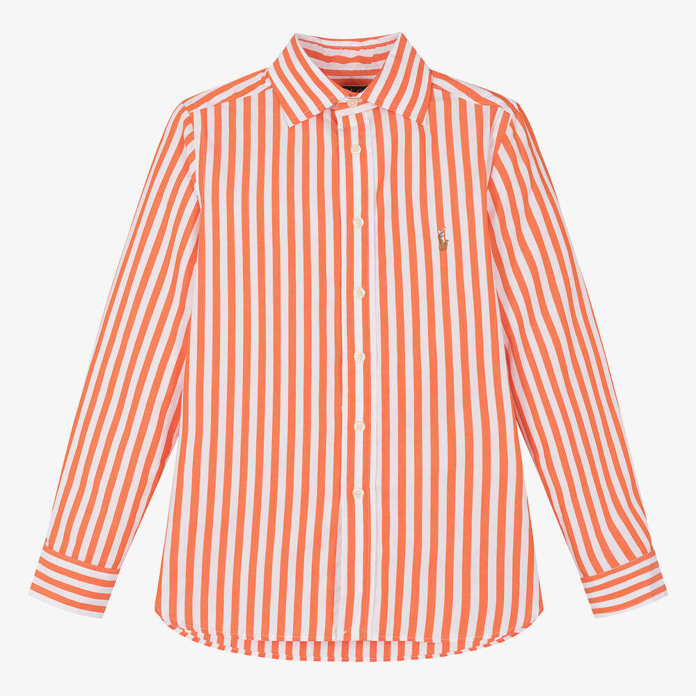 Ralph Lauren - Teen Boys Orange Striped Cotton Shirt | Childrensalon