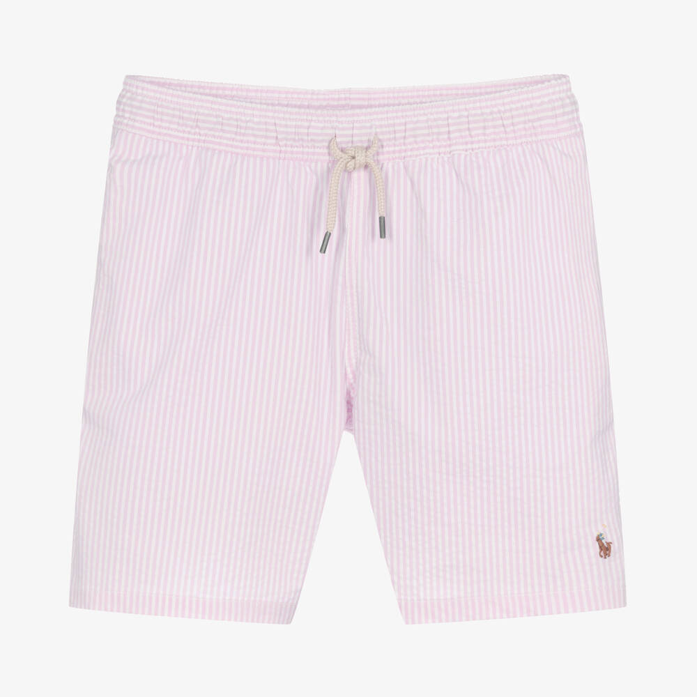 Ralph Lauren - Teen Boys Pink Striped Seersucker Swim Shorts | Childrensalon