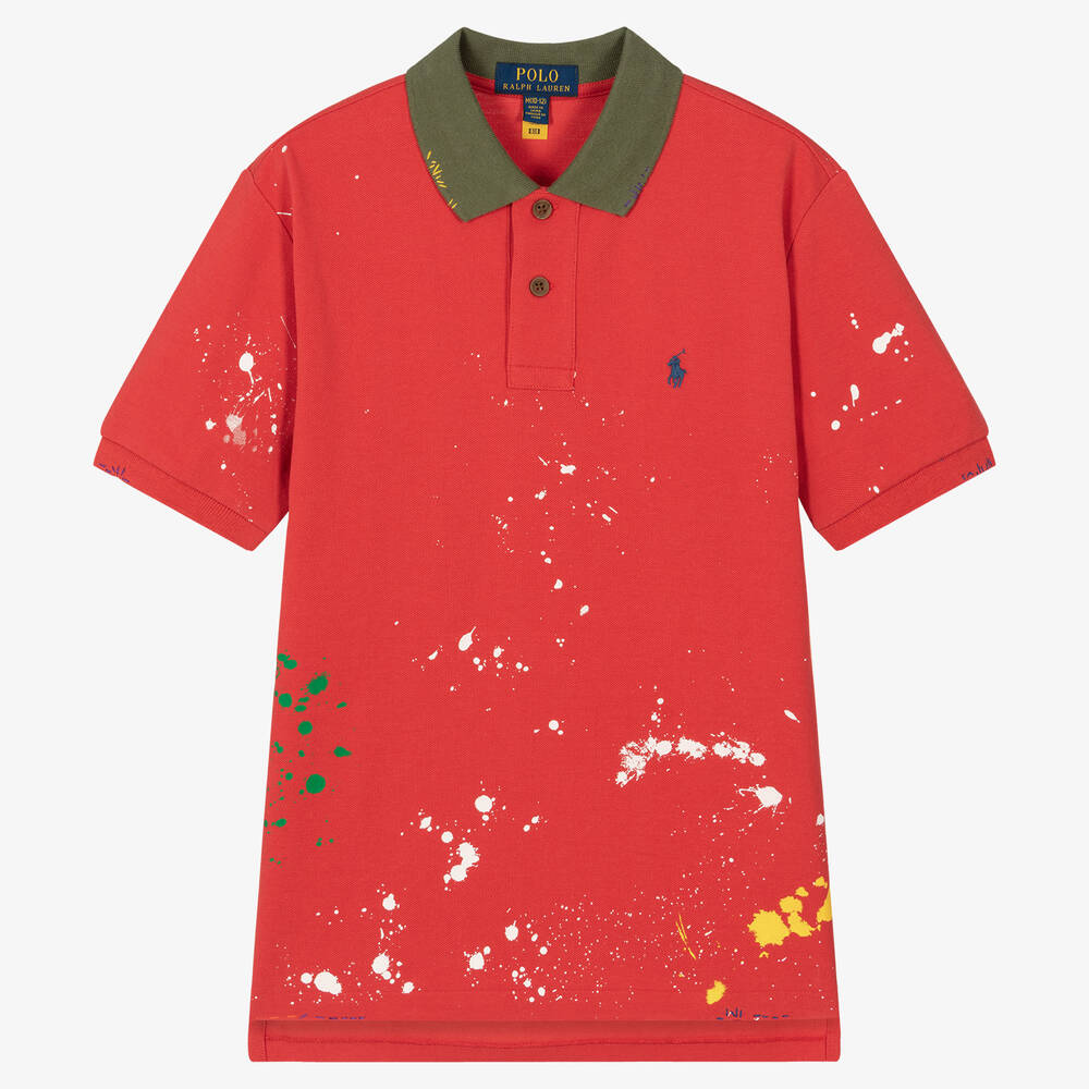 Ralph Lauren Teen Boys Red Cotton Paint Splatter Polo Shirt