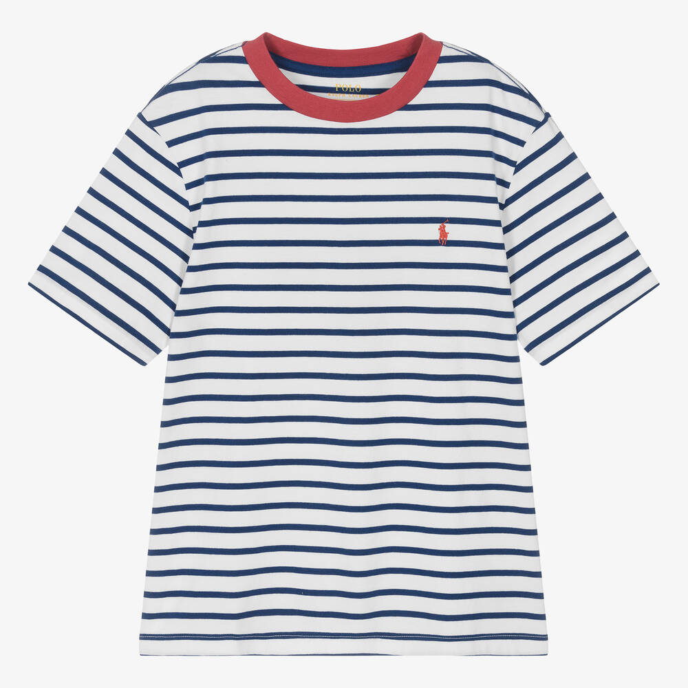 Ralph Lauren - Teen Boys White & Blue Stripe Cotton T-Shirt | Childrensalon