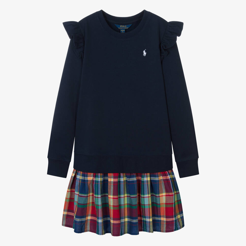 Ralph Lauren - Teen Girls Blue Check Sweatshirt Dress | Childrensalon