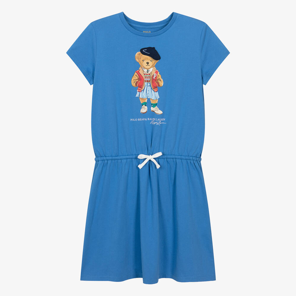 Ralph Lauren - فستان بطبعة بير قطن لون أزرق للمراهقات | Childrensalon