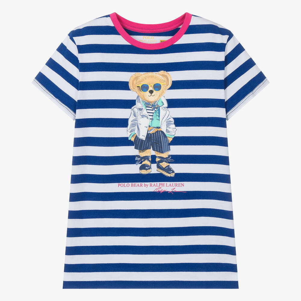 Ralph Lauren - T-shirt bleu rayé à ours ado fille | Childrensalon