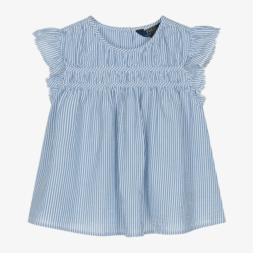 Ralph Lauren - Teen Girls Blue Striped Cotton Blouse | Childrensalon