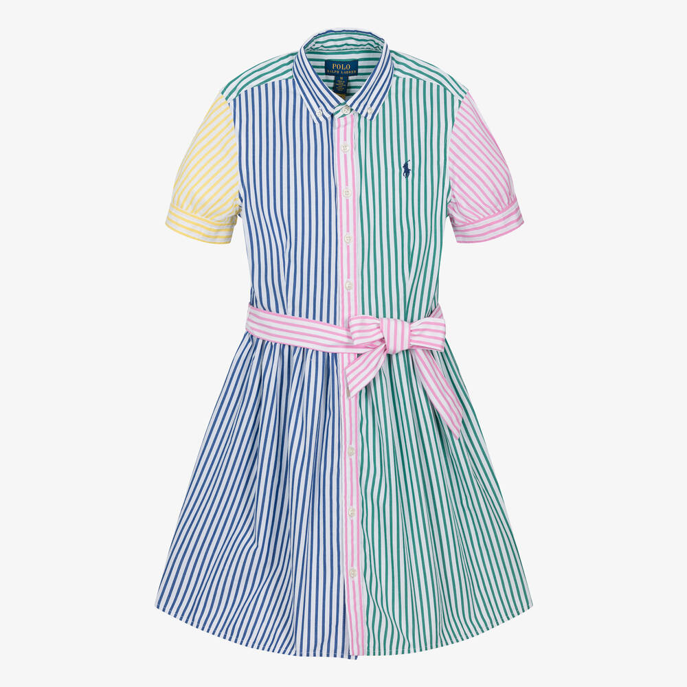Ralph Lauren - فستان قطن بوبلين مقلم لون أزرق للمراهقات | Childrensalon