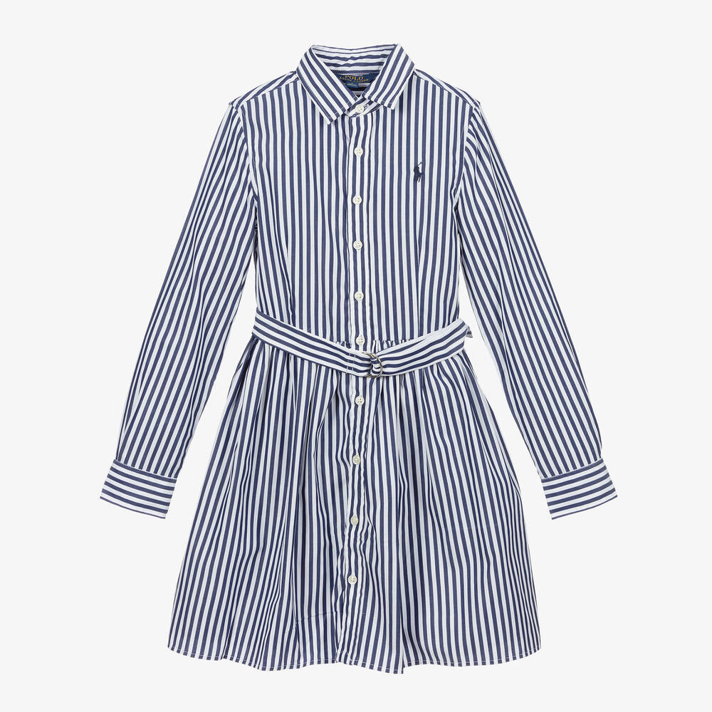 Ralph Lauren - فستان قميص قطن بوبلين مقلم لون أبيض وكحلي | Childrensalon