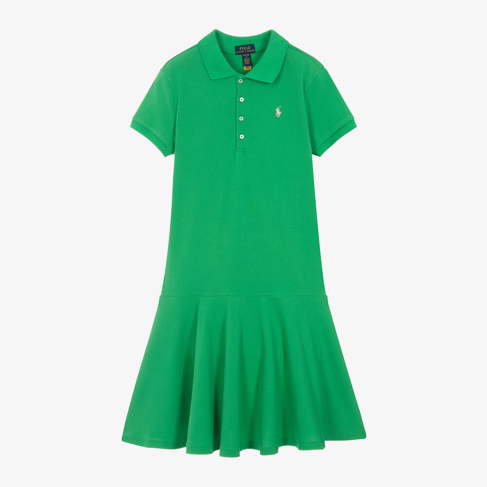 Ralph Lauren - فستان بولو قطن بيكيه لون أخضر للمراهقات | Childrensalon