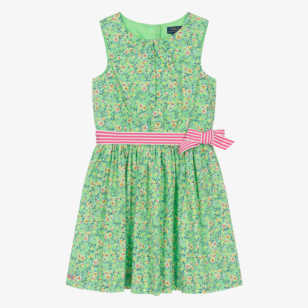 Ralph Lauren - فستان قطن بوبلين لون أخضر بطبعة ورود للمراهقات | Childrensalon