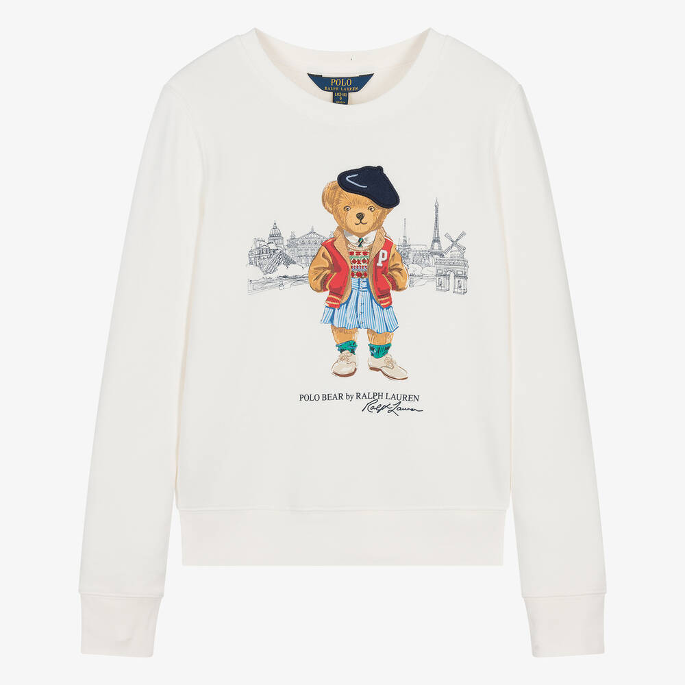 Ralph Lauren - Teen Girls Ivory Parisian Polo Bear Sweatshirt | Childrensalon