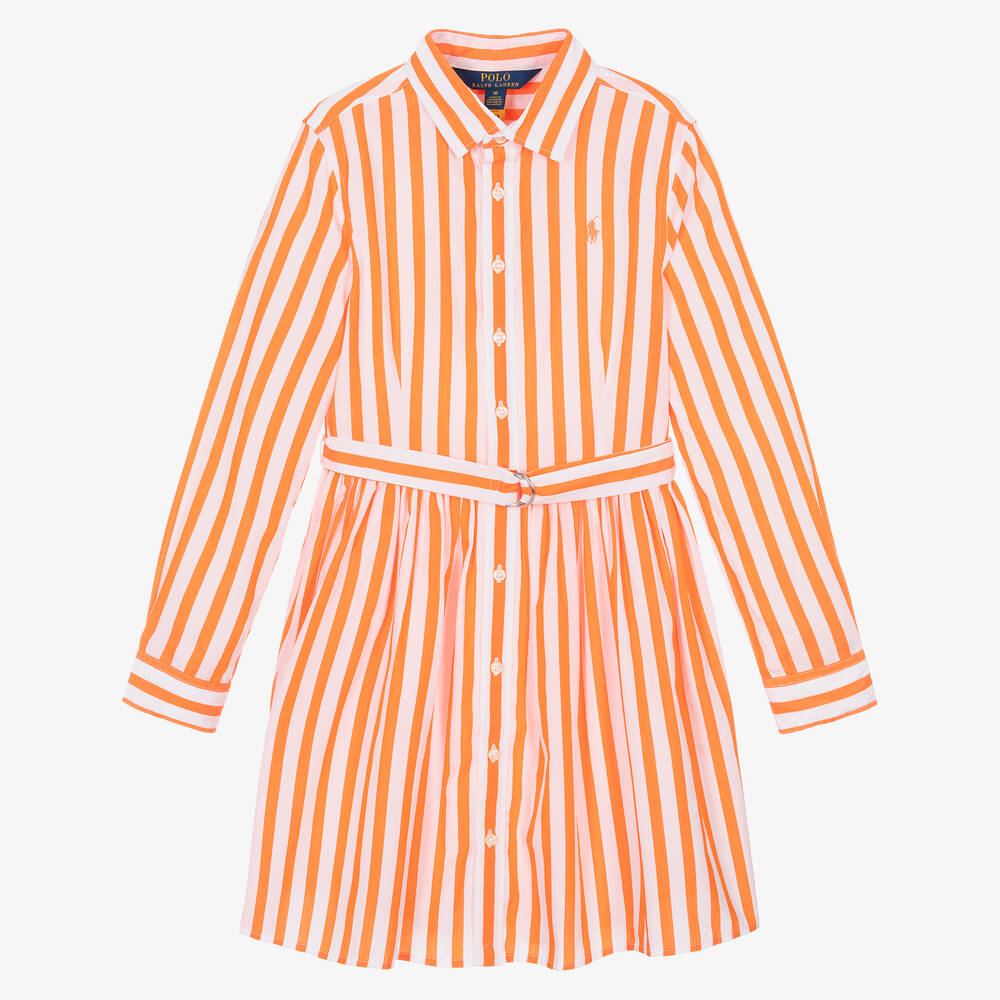 Ralph Lauren Teen Girls Orange & White Cotton Shirt Dress