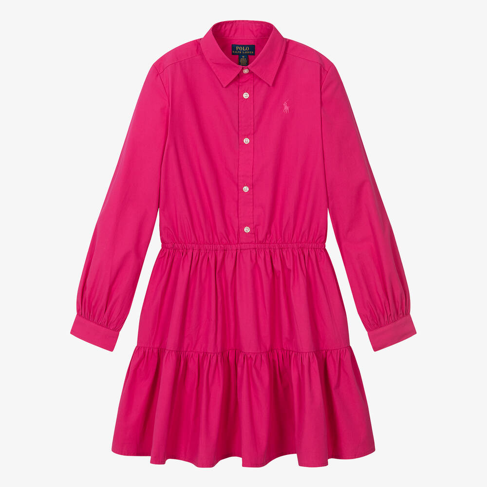 Ralph Lauren - فستان قميص قطن بوبلين لون زهري فيوشيا | Childrensalon